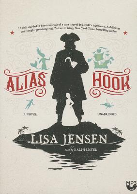 The silhouette of captain hook standing on an island with the silhouette of a woman by his legs.