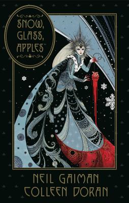 a stylized image of the evil queen in a long black and blue and silver dress holding a bleeding heart that is dripping on her dress making part of it red.