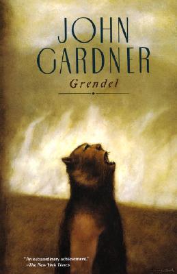 An image of grendel the monster howling up towards the top of the cover with a yellow clouded background.