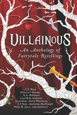 A red cover with dark trees in the background and white branches in the front. From those hang bones, a glass slipper, a red apple, a golden threat, a golden horn and a green vine.
