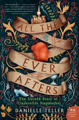 A colorful mess of vines and leaves with a scroll of parchment in the middle with the title. In the middle is a red head with a bun hairstyle, at the top is a small castle, the bottom right a glass slipper, and the bottom left an hourglass.
