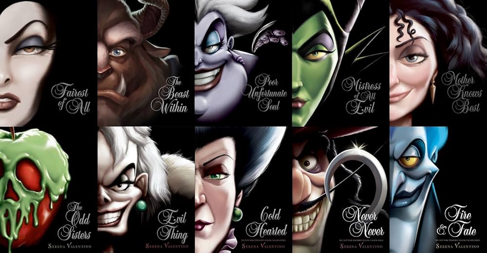On the left of every cover is half of a disney villains face smirking.