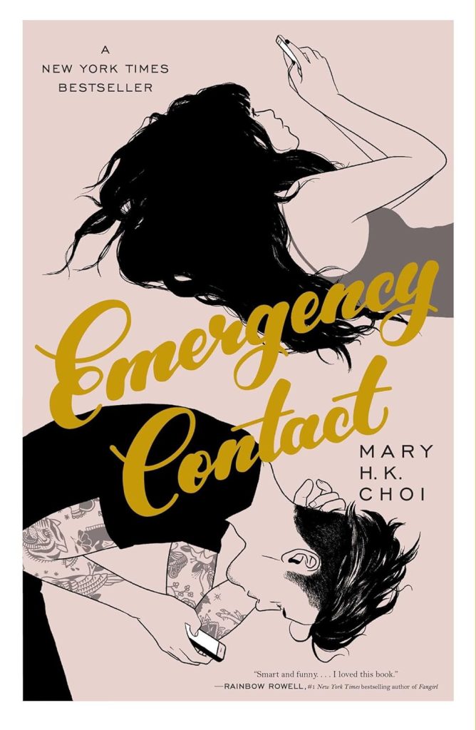 'Emergency Contact' by Mary H.K. Choi book cover showing a girl and boy laying down on their phones.