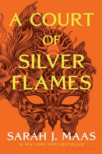 'A Court of Silver Flames' by Sarah J. Maas book cover with an orange background and an elaborate mask.