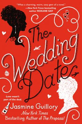 Red book cover with a silhouetted drawing of a woman in black in the top left corner and a silhouetted drawing of a man in white in the right. "The Wedding Date" in black and white text is in the center of the image.