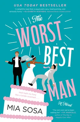 A white groom stands next to a Black bride on top of a wedding cake in the left corner as a man in a grey suit is shoved off the edge. Blue background with "The Worst Best Man" in white and pink is in the center of the image.