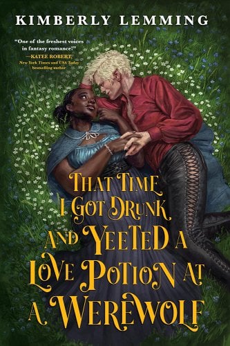 A white man/elf in a red shirt and black pants lies to the right of a black women in a blue cape and dress in a green field as they hold hands.