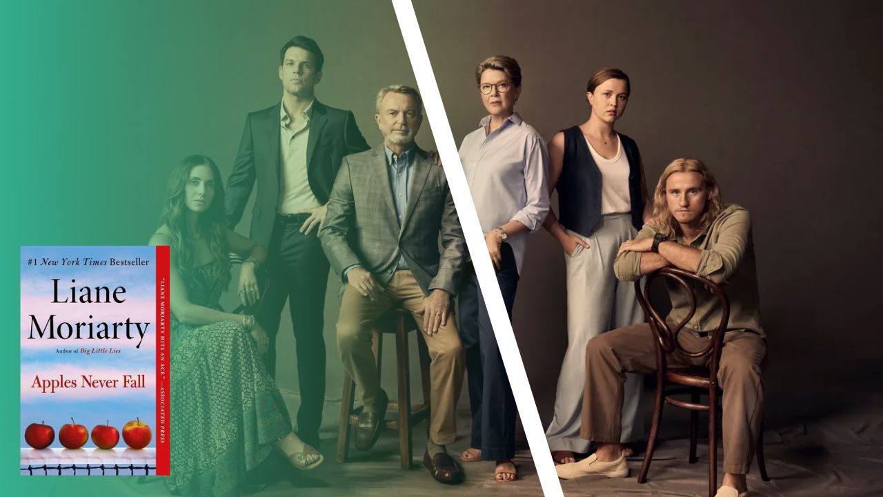 The cast of the Delaney family in a line with faded light and a line dividing the family in two. The cover of Apples Never Fall in the corner.
