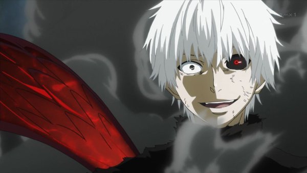 Kaneki Ken with white hair and face on display with his kagune in the background.