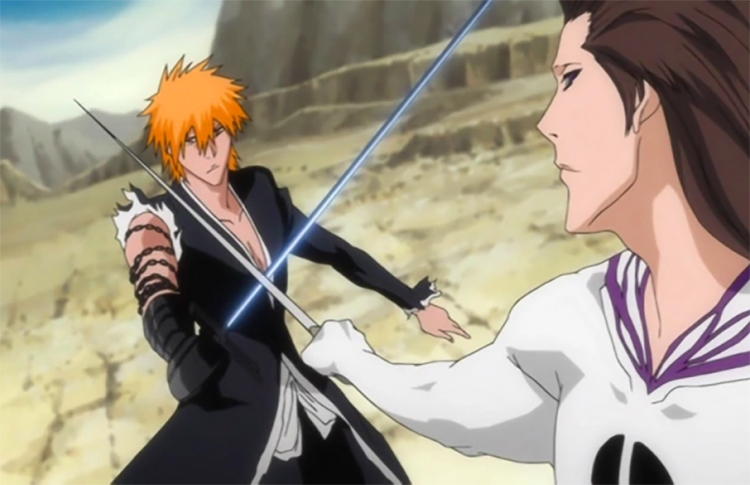 Ichigo Kurosaki sword fighting against Sōsuke Aizen.
