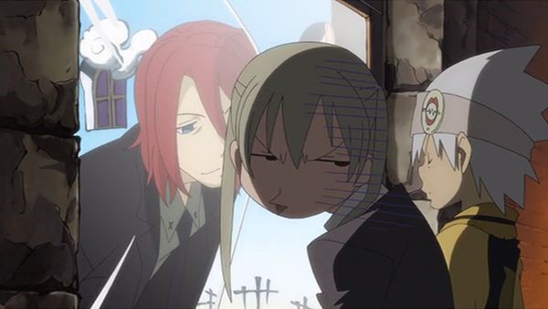Maka pouting and turned away from her father in the magic mirror while Soul stands to the side.