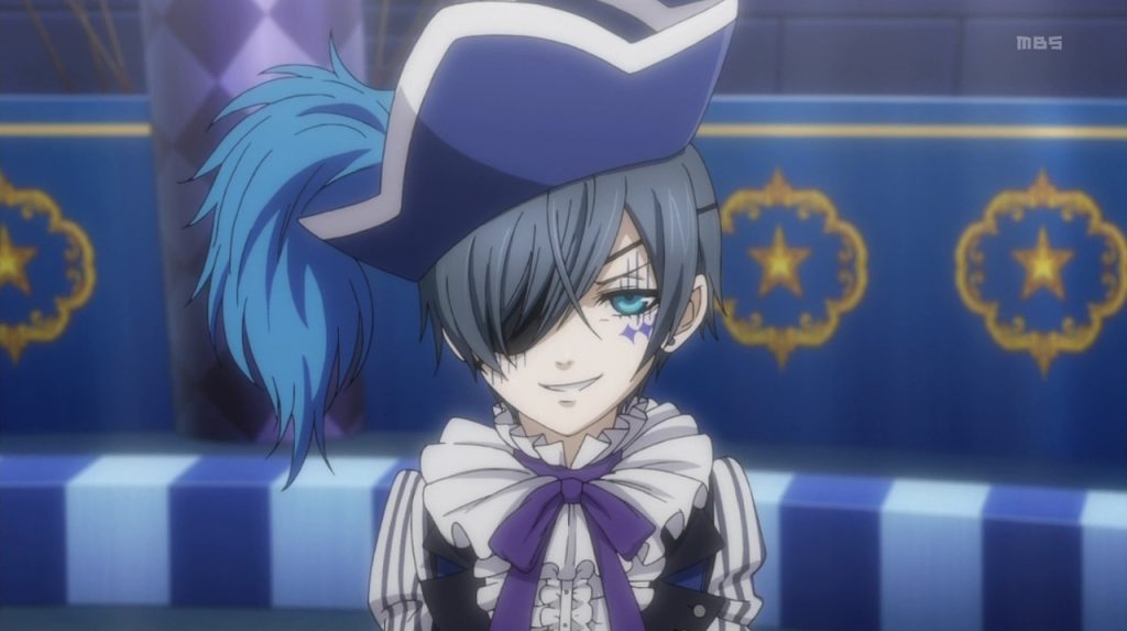 Ciel Phantomhive in the circus wearing his disguise with a pained and forced smile.