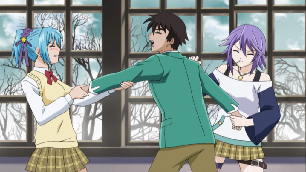 Kurumu Kurono and Mizore Shirayuki pulling on Tsukune Aono.