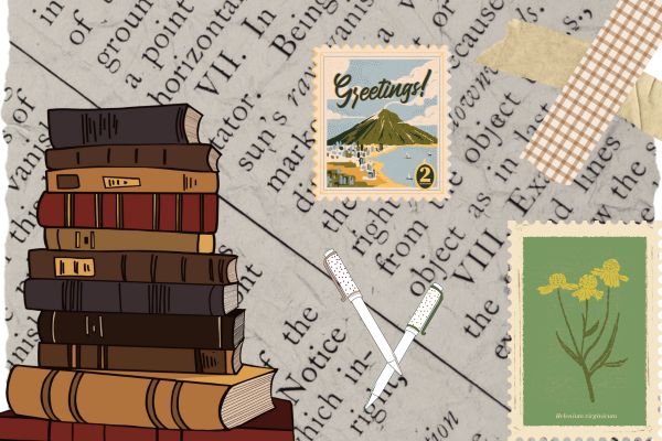 A collage of a book page, a stack of earth-toned books, two pens, a floral stamp, a stamp of greeting card with a mountain, and two pieces of brown tape, one in a gingham pattern.