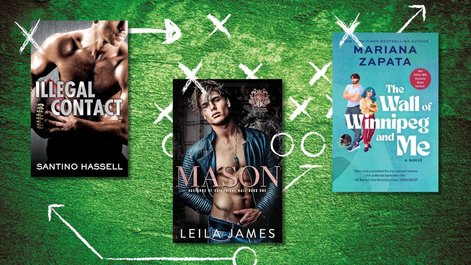 three football romance bok covers on a green blackboard with x's and o's.