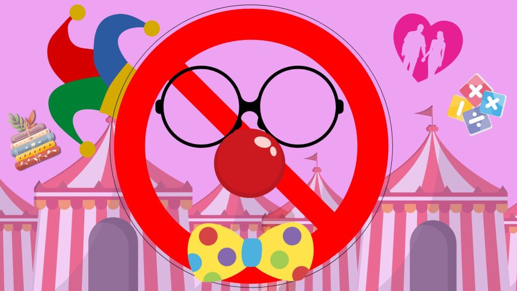 A banned sign resembling a clown with a red nose a jester hat. There are books, a couple inside a pink heart, and different shapes in various colors floating around the red banned sign. Behind it are circus tents with bright red and white stripes. The background is a light pink-purple color.