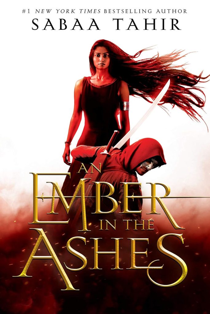 An Ember in the Ashes by Sabaa Tahir book cover, depicting a woman with long hair and a cloaked man with swords, on a white background with maroon smoke emitting from the bottom.