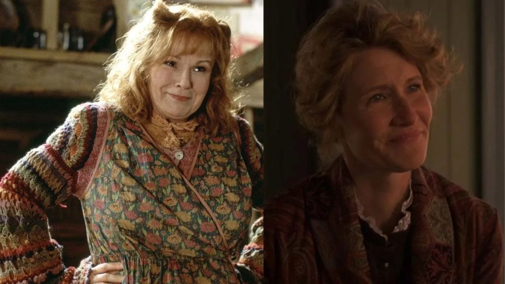 Two pictures side by side show Molly Weasley, with red hair and handmade clothing on the left and Marmee March smiling on the right. 