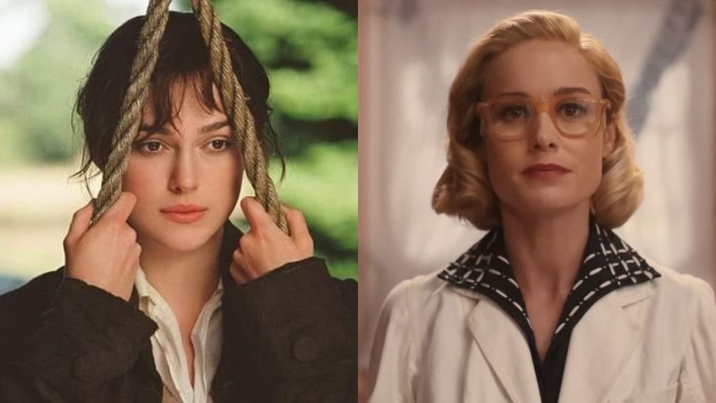 On the left is Elizabeth Bennet looking contemplative with her head pressed between two ropes. On the right is Elizabeth Zott in a lab coat and glasses looking determined. 