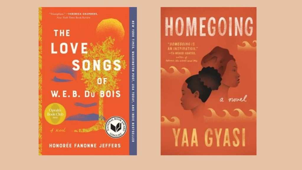 On the left is the cover of the book, The Love Songs of W.E.B. Dubois, showing a woman's facial outline and a tree. On the right is the cover of Homegoing, showing two women's profiles back to back.