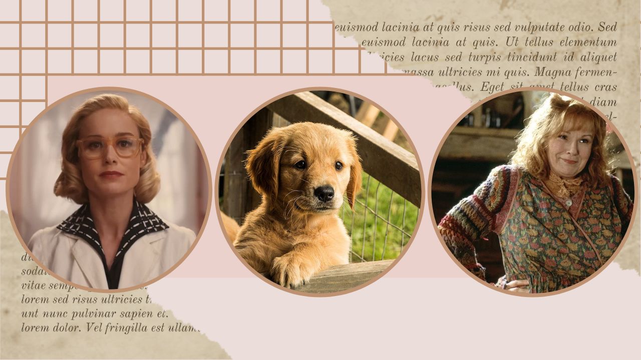 Soft feminine coloring with vintage book pages on two opposing corners. Three images across are displayed in circle frames. A woman scientist, a puppy, and a mother are in the frames.