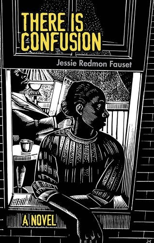 Book cover; an illustrated drawing of a house with a Black woman leaning out the window with a man sitting in a chair with a newspaper behind her. "There is Confusion" is at the top of the cover in yellow.