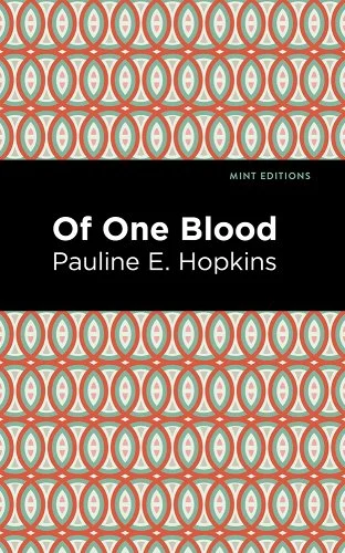 Book cover; swirls of red, green, and white create the background while a black banner reads "Of One Blood" across the center.