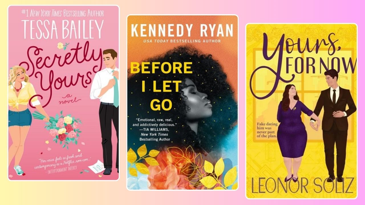 Book jacket of Secretly Yours by Tessa Bailey, Before I Let Go by Kennedy Ryan, and Yours, for Now by Lenor Soliz side by side on a gradient background of pink and yellow.