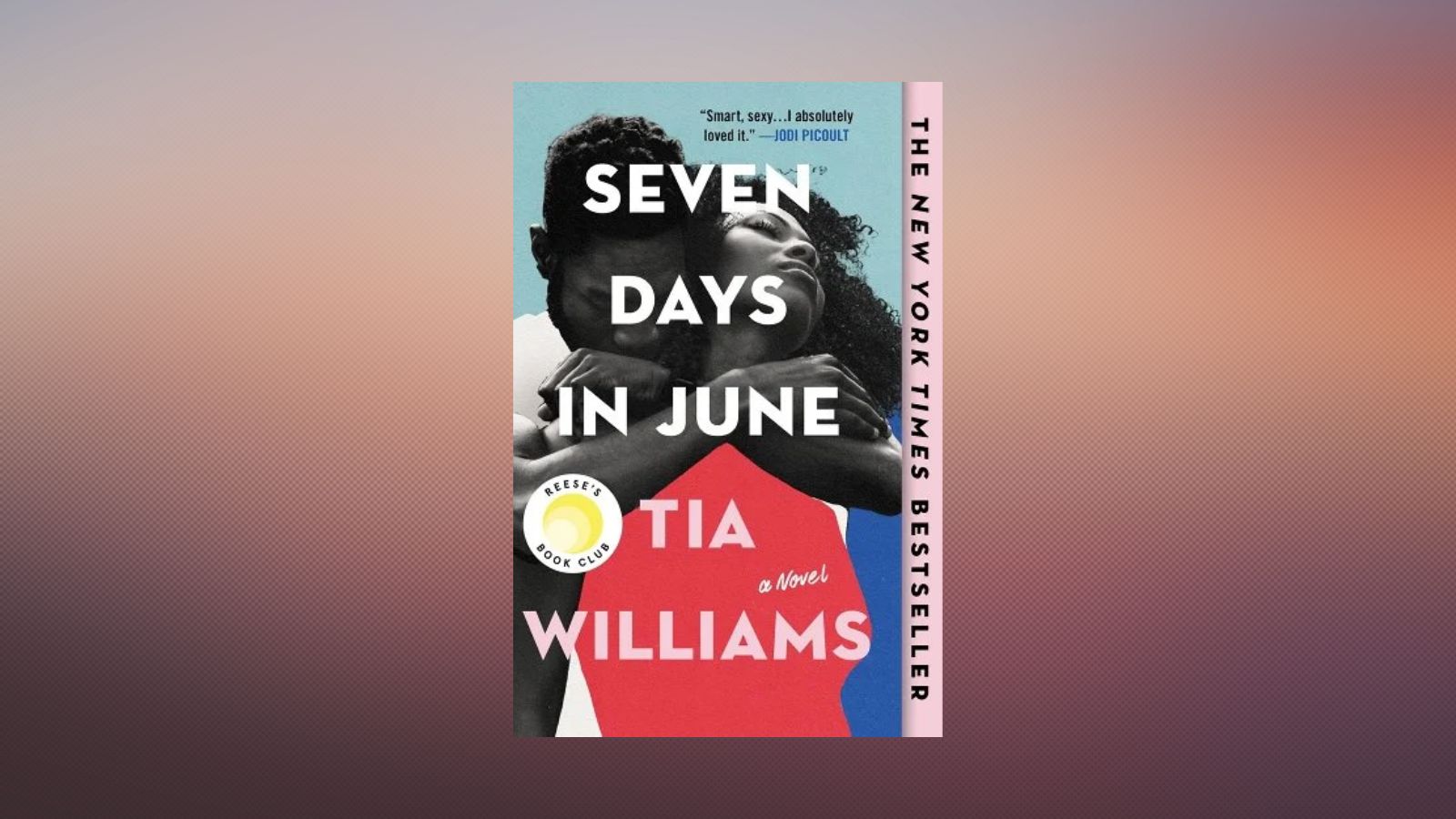 "Seven Days in June" book cover with blurred color background.