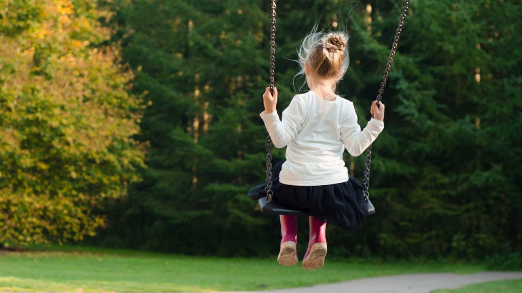 Little girl swinging on a swingset.