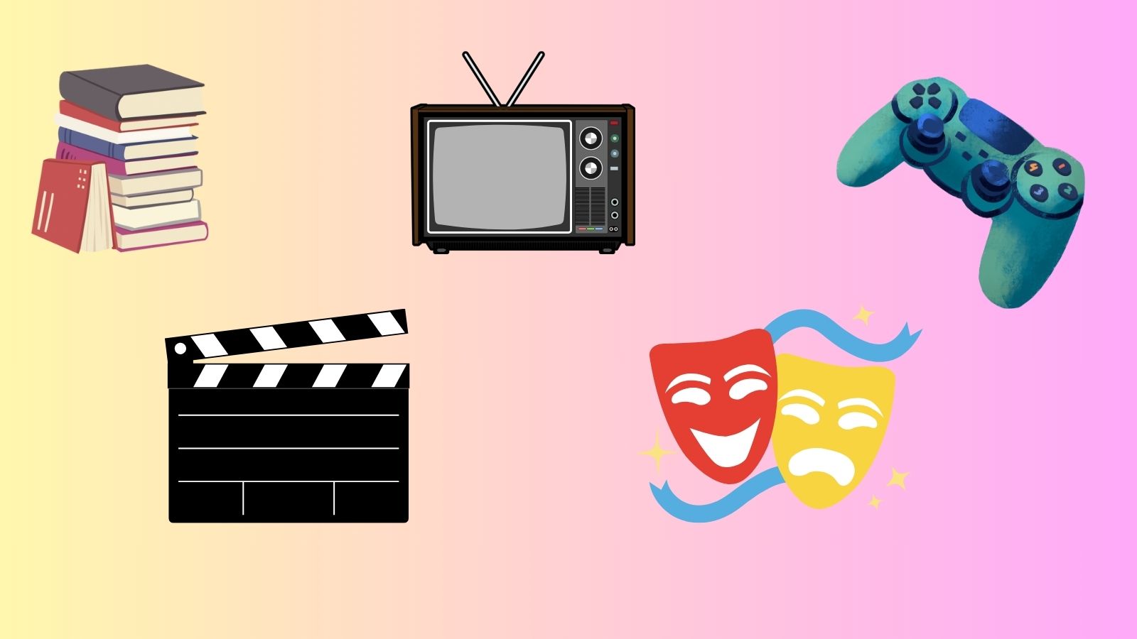 Graphics of books, movie clapperboard, television set, acting masks, and a video game controller on a yellow to pink background.