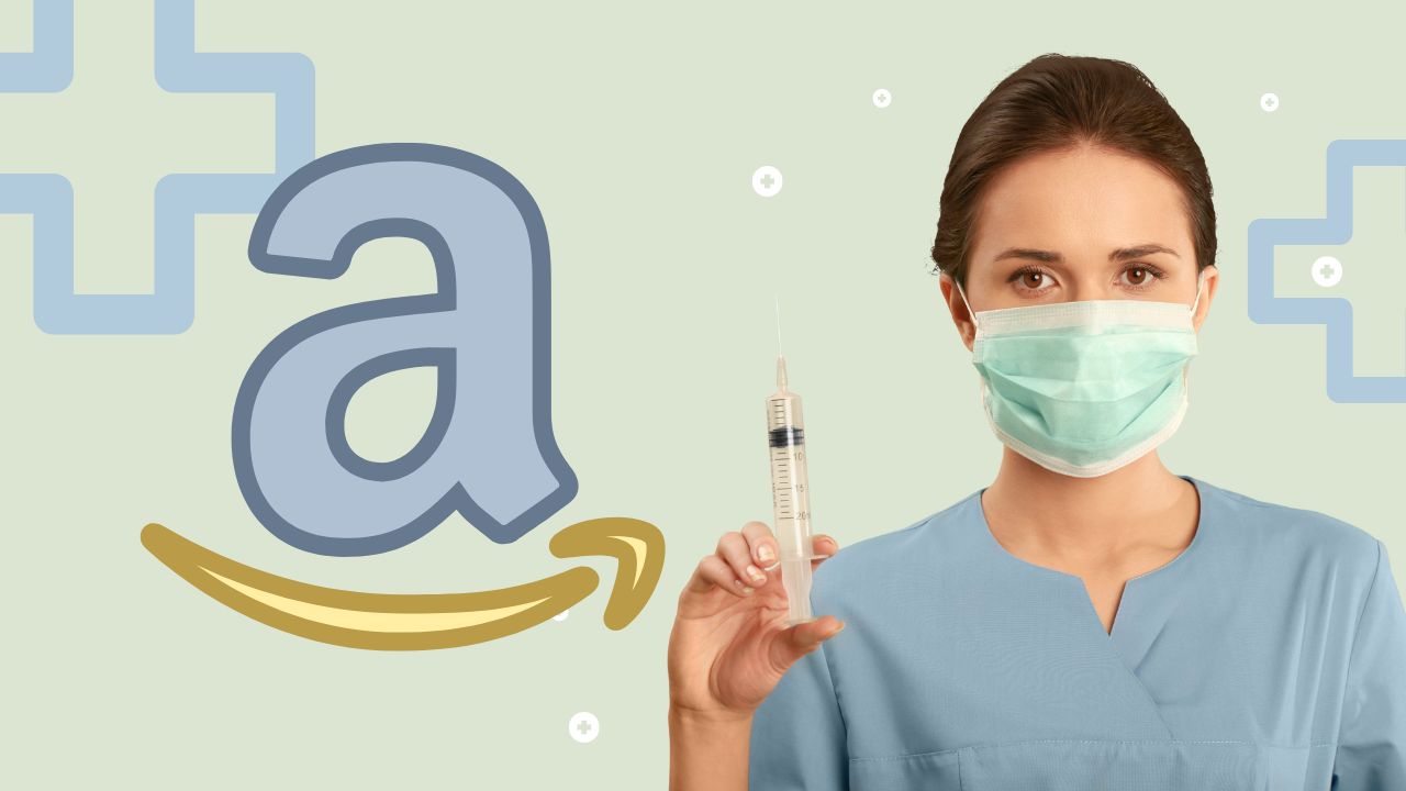 Amazon Logo next to woman in scrubs and face mask holding a vaccine needle.