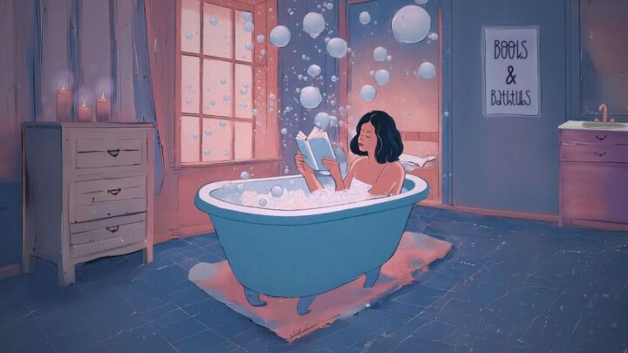 Girl in a bathtub reading a book.