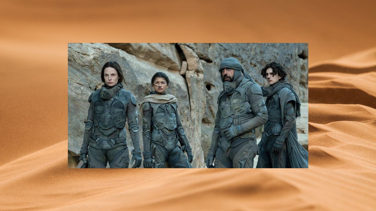 movie still of 4 Dune characters, set to background of the desert