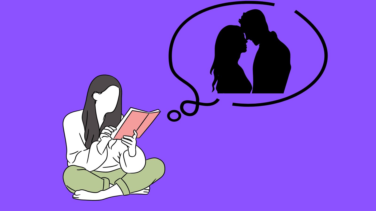 A drawing of a woman reading a book with a thought bubble of a couple coming out of it.