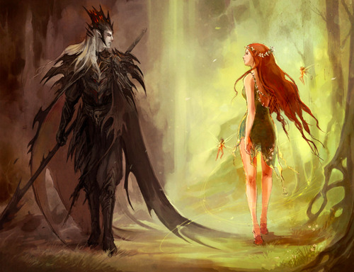 Man with long white hair dressed in black armor with a black crown standing in the shadows staring at a red haired woman in a green dress standing in the sun