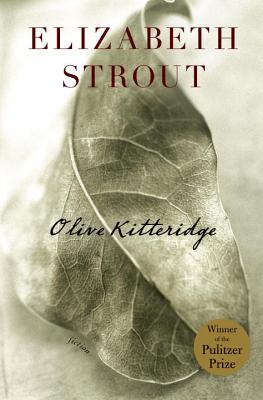 Olive Kitteridge by Elizabeth Strout book cover with a grey-scale leaf extending out.