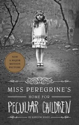 Miss Peregrine's Home For Peculiar Children by Ransom Reggs book cover in greyscale. A little girl floating in the middle of a creepy forest, with a bedazzled headband and swing dress.