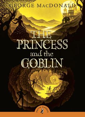 The Princess and the Goblin by George MacDonald book cover, gold and black. Goblins underneath caves at the bottom, Princess looking at a castle above.