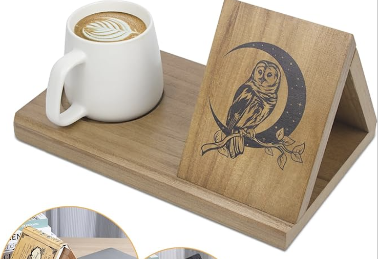 Mini book rest showing a cup of coffee and the owl design.
