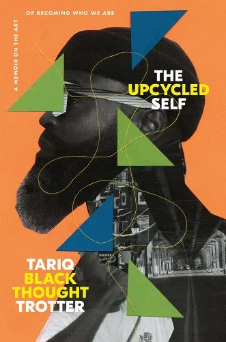 A black and white image of Tariq Trotter on an orange background with blue and green right triangles and a thin yellow line flowing through the image.