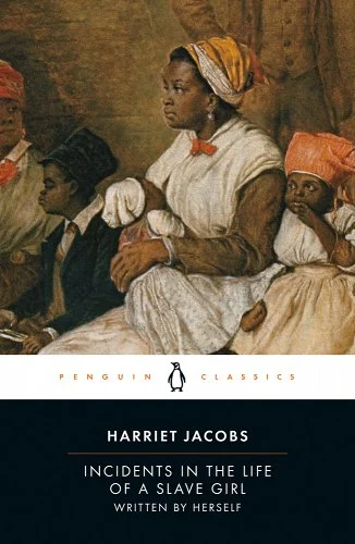 A painted image of Harriet Jacobs holding a baby with a child on either side of her all looking off to the left.