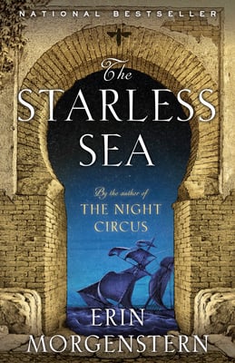 The Starless Sea cover by Erin Morgenstern with an outcropping in a brick building that shows a ship on the sea. 