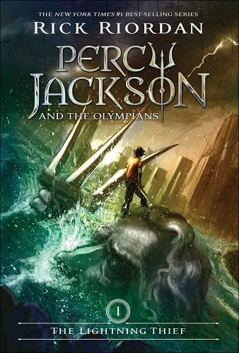 The Lightning Thief cover by Rick Riordan with a boy in an orange shirt standing on a giant stone statue protruding out of the water. 