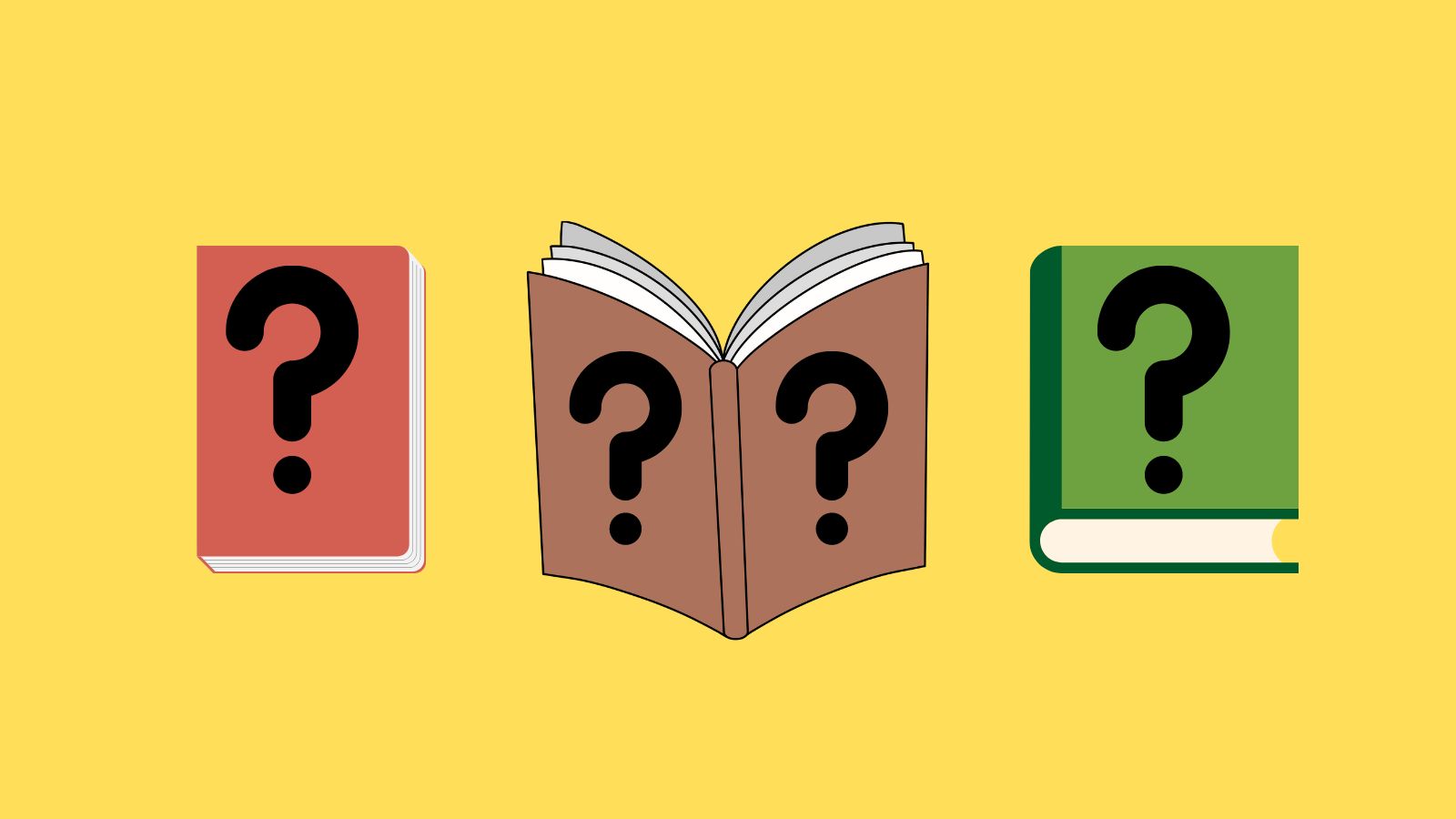 Three books with question marks on the covers with a yellow background.