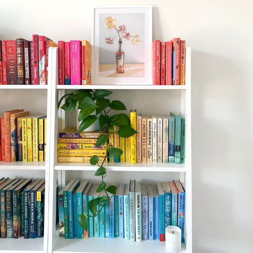 a white bookshelf with a picture of a bottle of aperol sprits with flowers in it surrounded by lines of books color coordinated (pink on top, orange and yellow in the middle, and blue on the bottom)