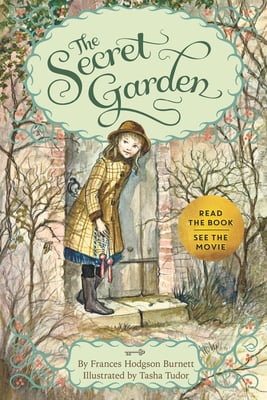 The Secret Garden by Frances Hodgson Burnett. Book cover with a little girl poking her head through the door to the secret garden.