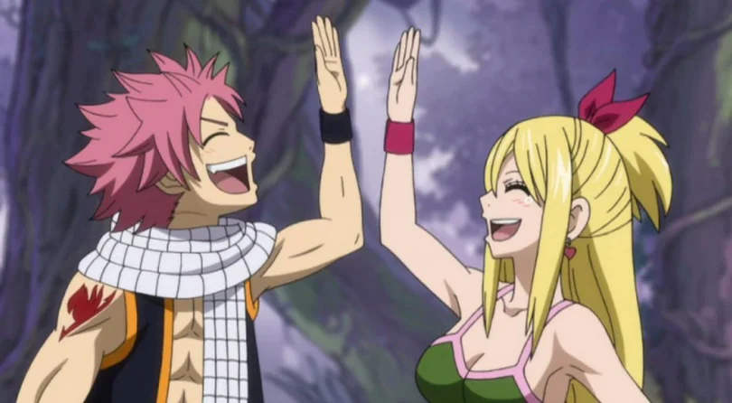 Natsu and Lucy high-fiving with large smiles.