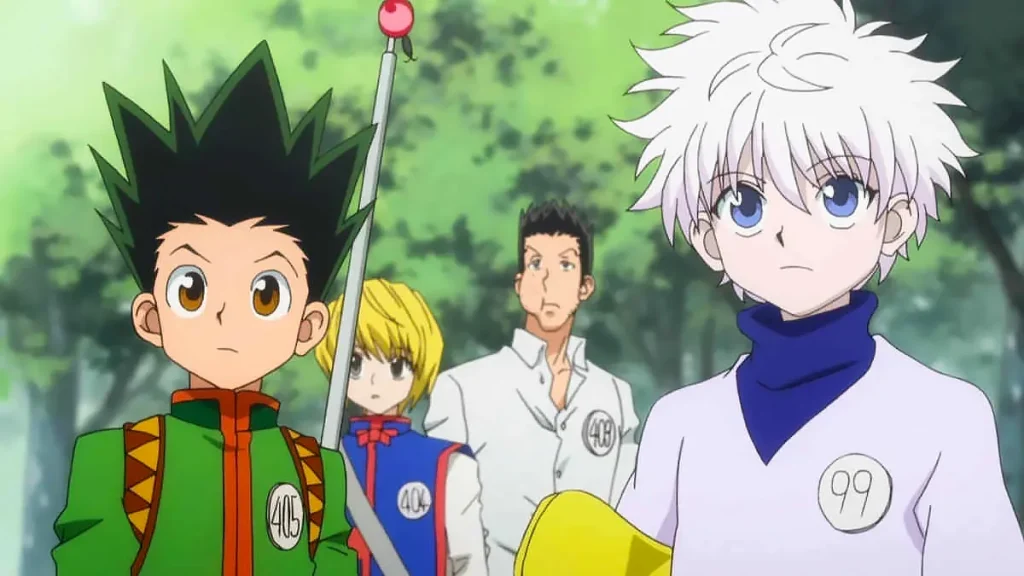 Gon, Killua, Kurapika, and Leorio standing in a forest.