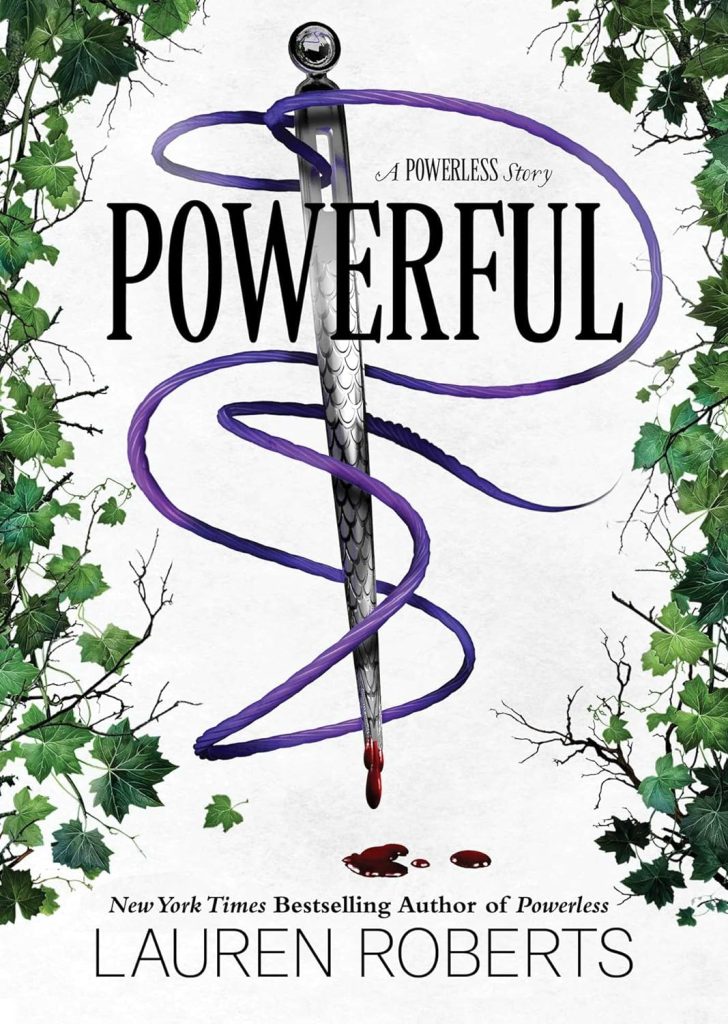 Powerful by Lauren Roberts. A needle dripping in blood, purple thread wrapping around it like a whip.